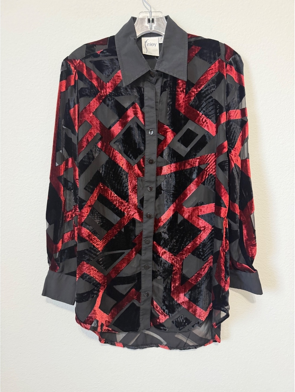 Finley Long Sleeve Button Up Semi-Sheer Black/Red Geo Shirt Women's Size S - Picture 1 of 7